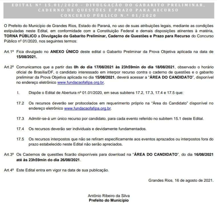 Recursos da prova objetiva do Concurso Público Nº 01/2020 deverão ser protocolados até o dia 18/08 no site www.fafipa.org.br